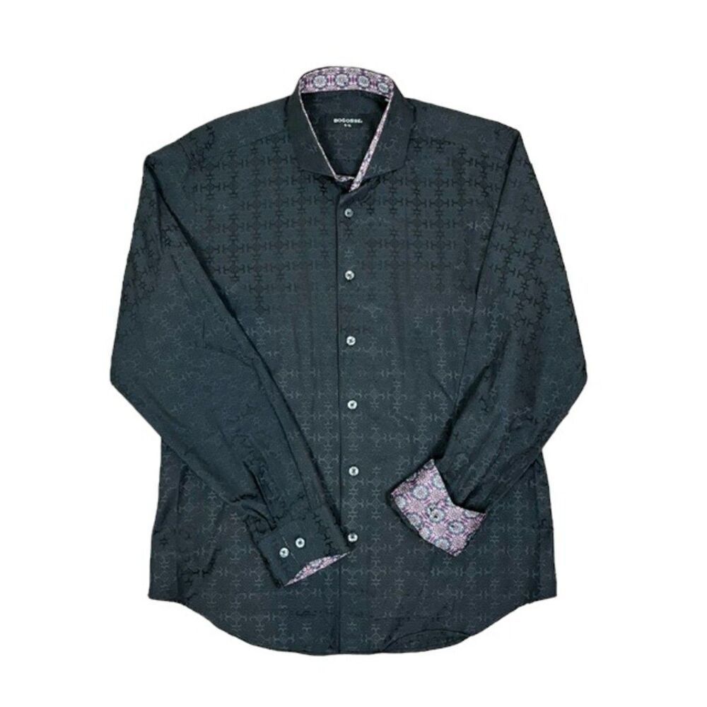 BOGOSSE Rare Embellished Black Button Down Contrast Print‎ Cuff Shirt Size XL